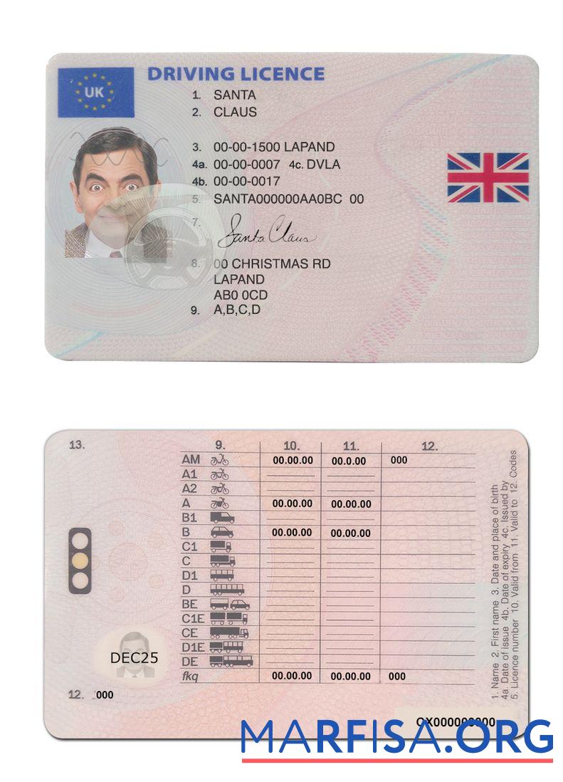 Printable United Kingdom driving license (between January 2021 and December 2021) example